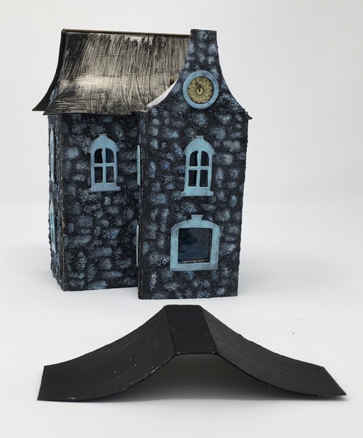 Lady Davenport house with over-roof glued on. The flying nun thing is the roof for the gable extension.