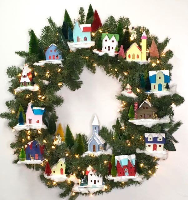 Winter village Christmas wreath to display Christmas Putz houses