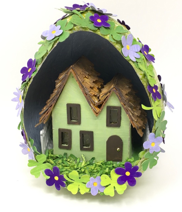 Miniature Irish Cottage with four leaf clovers flowers paperglitterglue.jpg