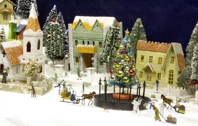 Christmas village houses in store window