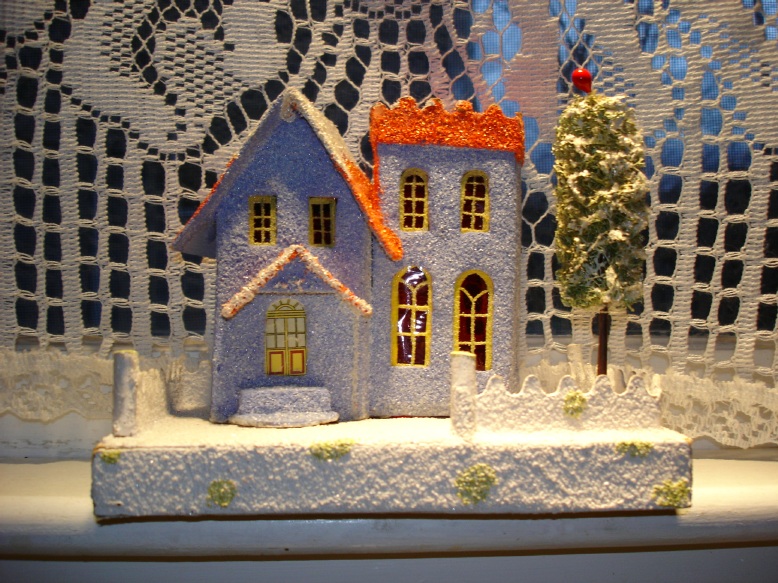 Flocked Christmas village house window 
restoration